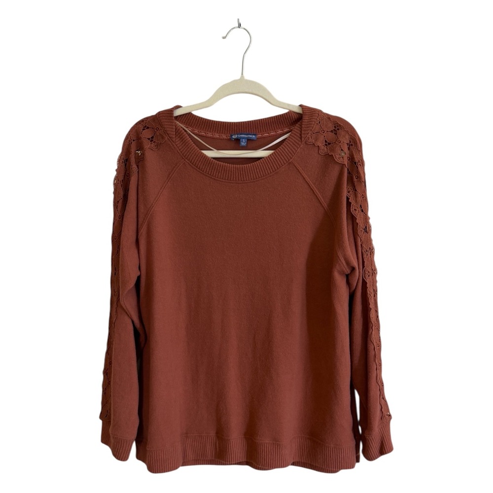 Democracy Sweater Womens L Rust Lace Trim Crochet Sleeve Pullover NEW